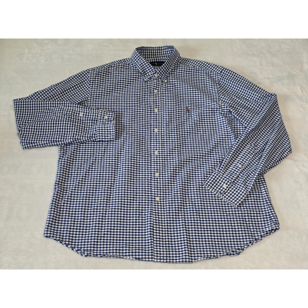 Ralph Lauren Mens XXL Blue White Gingham Check Button Down Shirt Brown Pony - Picture 2 of 8